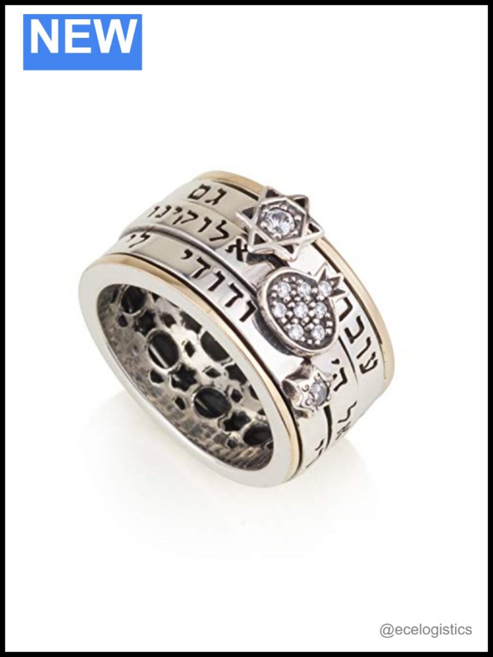 925 Sterling Silver 9ct Gold Spinner Ring Hebrew Bible Verse